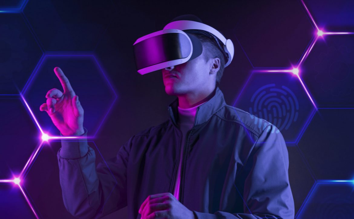 Man wearing smart glasses touching a virtual screen futuristic t